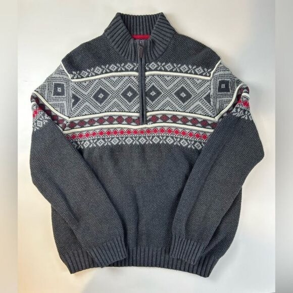 IZOD Sweater Mens‎ Size L Gray Quarter Zip red argyle/diamond design detaili - Picture 1 of 11